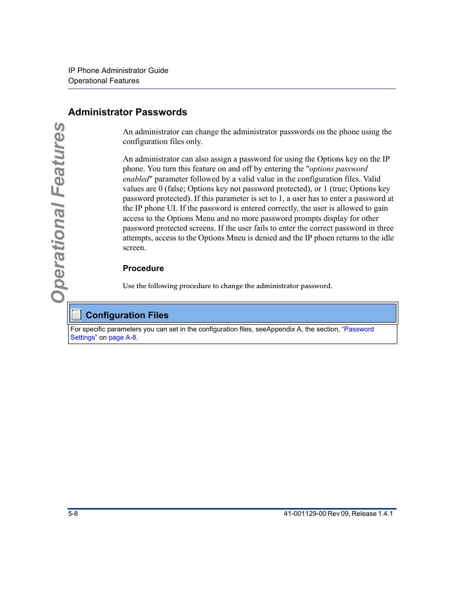 Administrator passwords, Procedure, Administrator passwords -8 | Operational features | Aastra Telecom SIP 480I User Manual | Page 120 / 504