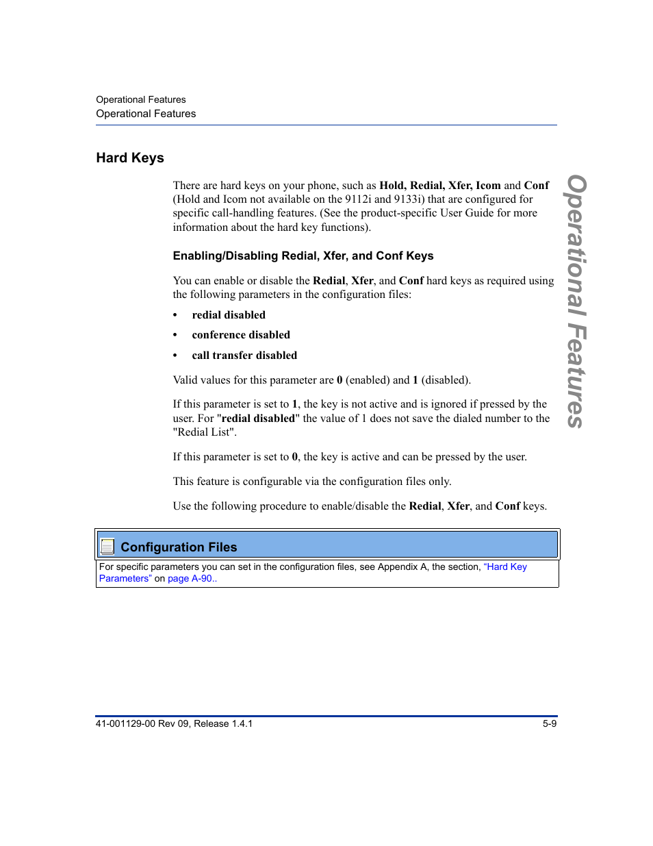 Hard keys, Enabling/disabling redial, xfer, and conf keys, Hard keys -9 | Operational features | Aastra Telecom SIP 480I User Manual | Page 121 / 504