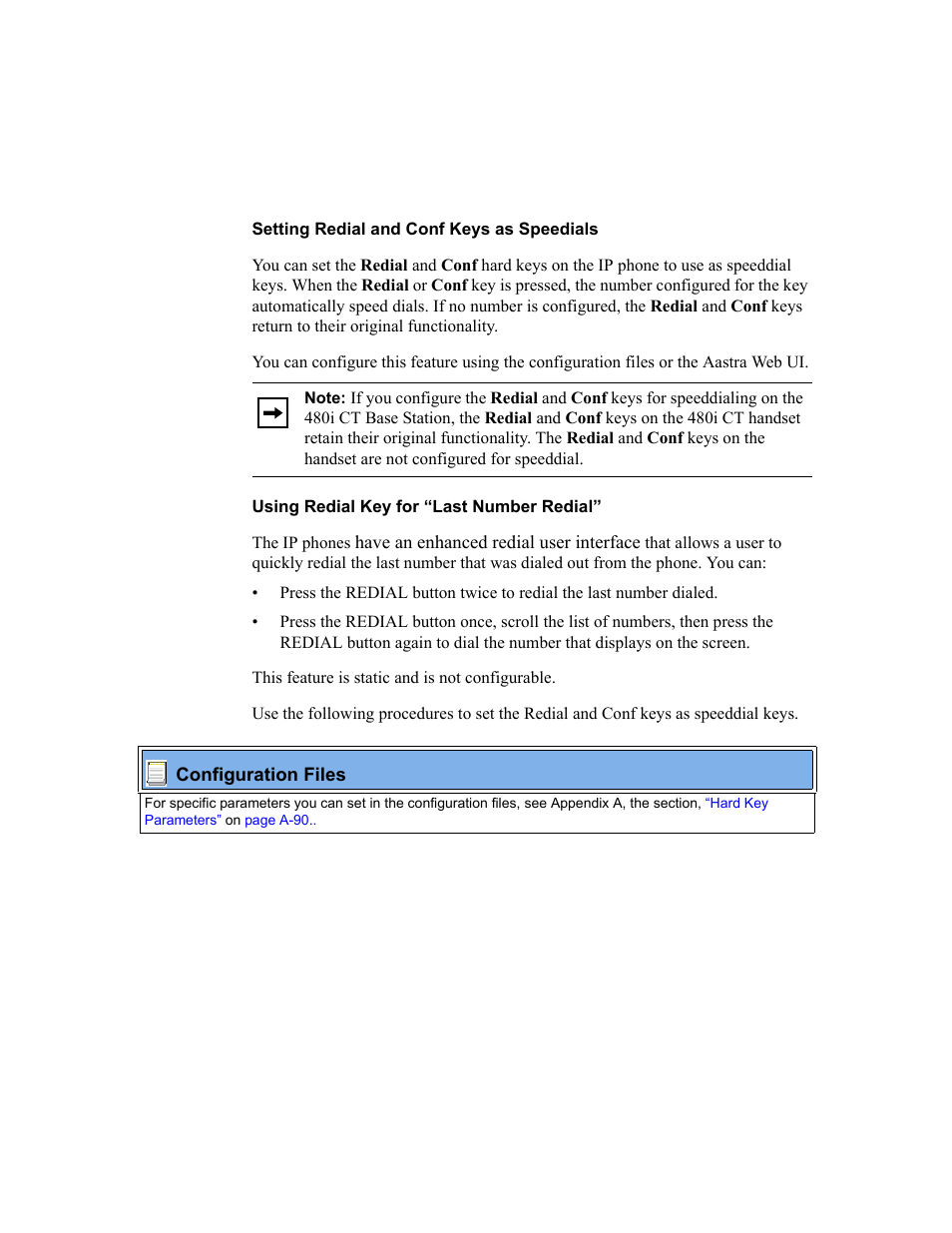 Setting redial and conf keys as speedials, Using redial key for “last number redial | Aastra Telecom SIP 480I User Manual | Page 122 / 504