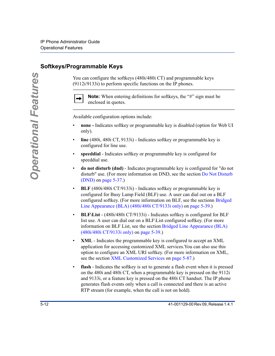 Softkeys/programmable keys, Softkeys/programmable keys -12, Softkeys | Programmable keys, Operational features | Aastra Telecom SIP 480I User Manual | Page 124 / 504