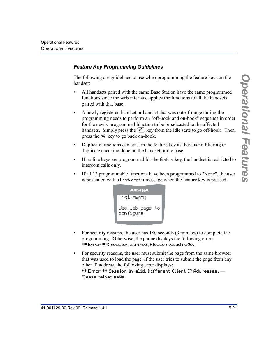 Feature key programming guidelines, Operational features | Aastra Telecom SIP 480I User Manual | Page 133 / 504