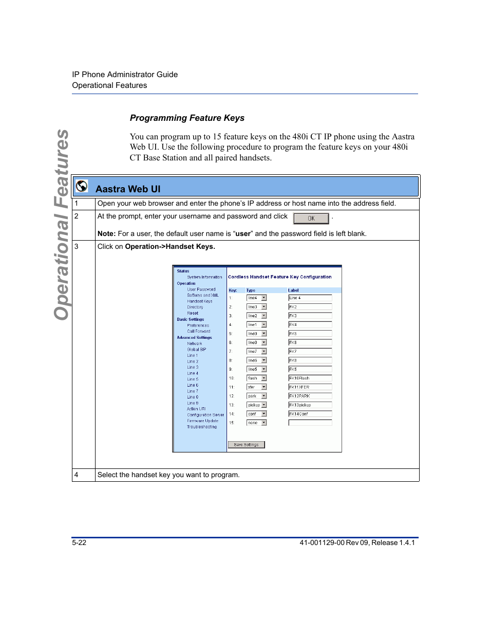 Programming feature keys, Operational features | Aastra Telecom SIP 480I User Manual | Page 134 / 504