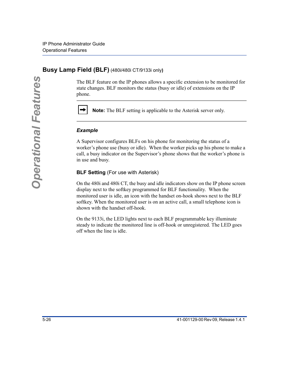 Busy lamp field (blf) (480i/480i ct/9133i only), Example, Blf setting (for use with asterisk) | Operational features | Aastra Telecom SIP 480I User Manual | Page 138 / 504