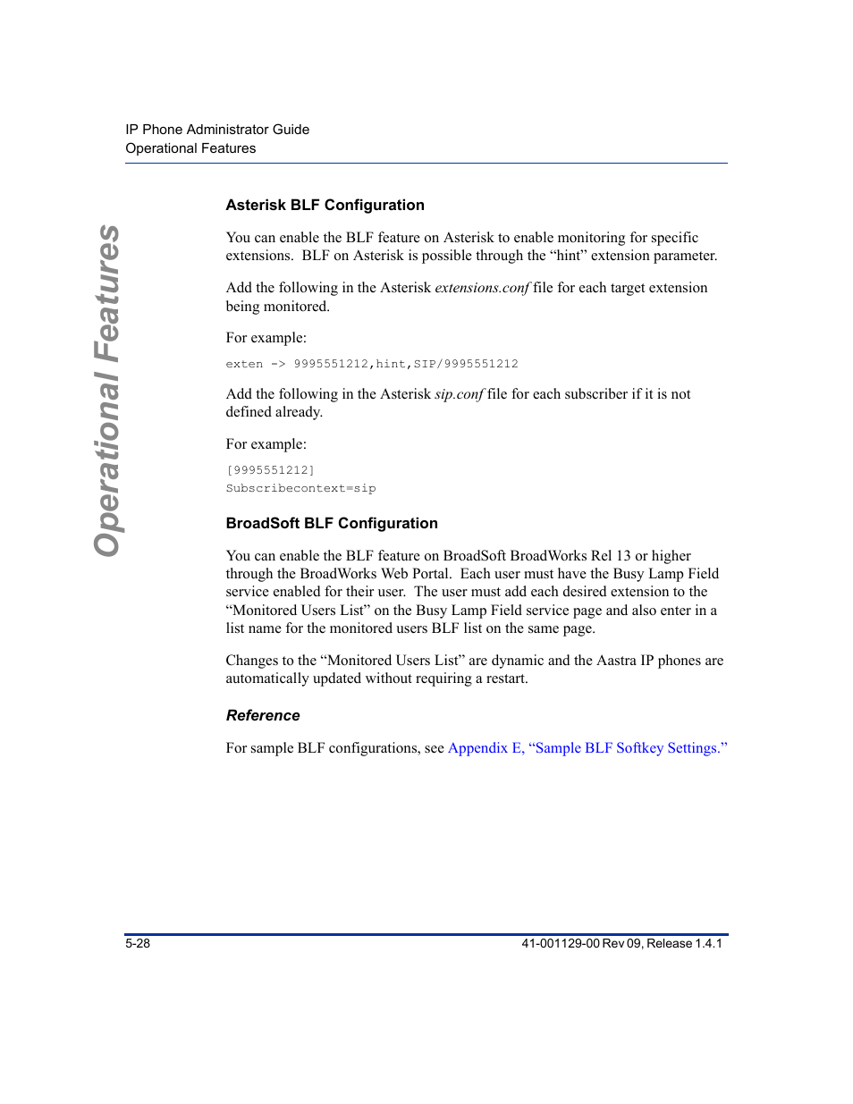 Asterisk blf configuration, Broadsoft blf configuration, Reference | Operational features | Aastra Telecom SIP 480I User Manual | Page 140 / 504