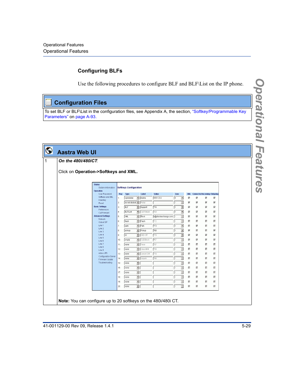 Configuring blfs, Operational features | Aastra Telecom SIP 480I User Manual | Page 141 / 504
