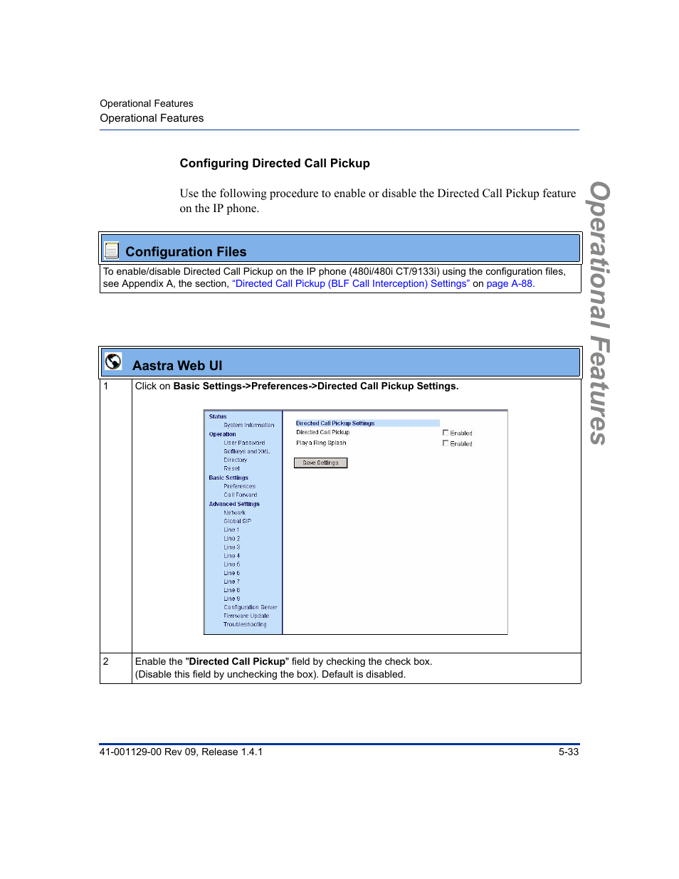 Configuring directed call pickup, Operational features | Aastra Telecom SIP 480I User Manual | Page 145 / 504
