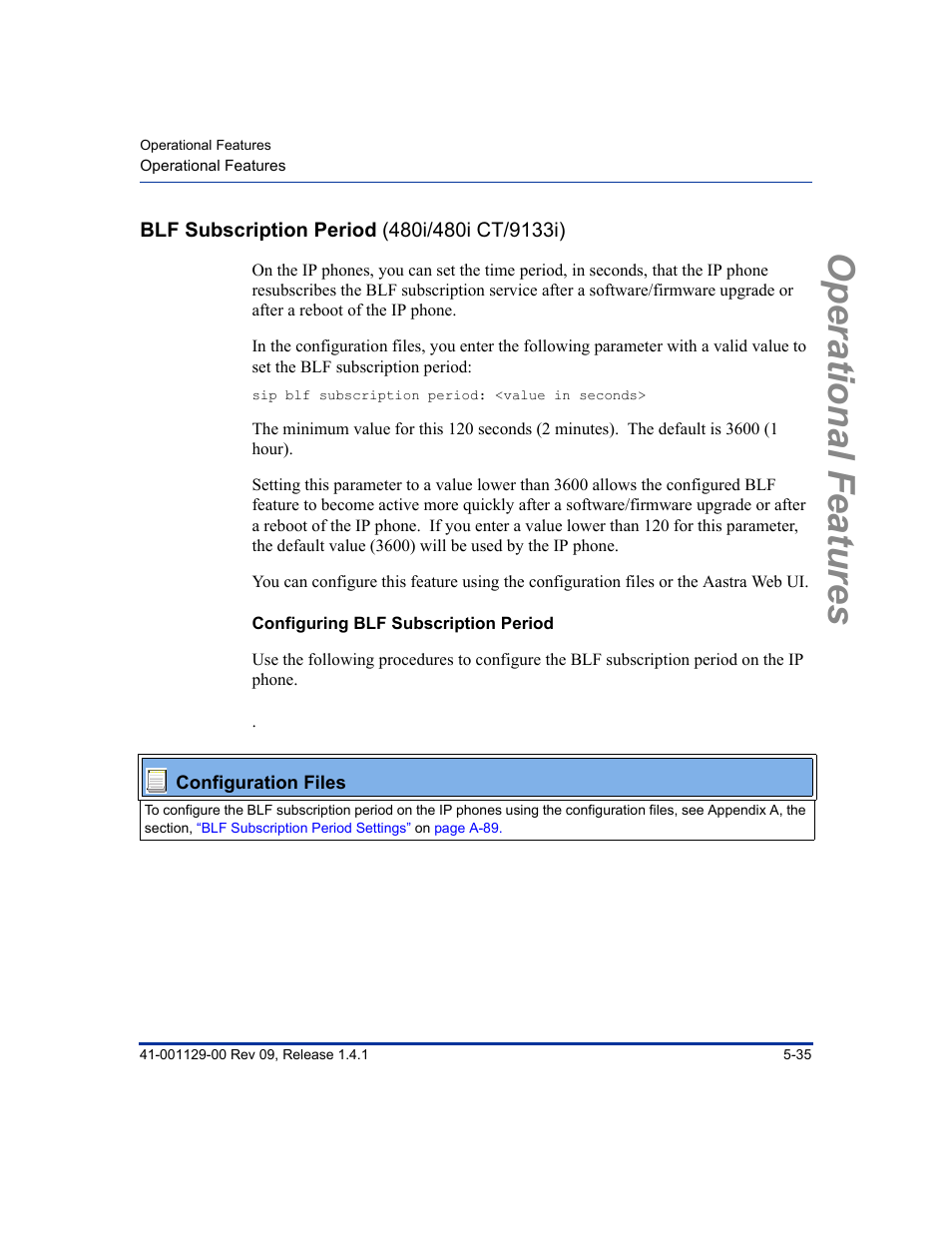 Blf subscription period (480i/480i ct/9133i), Configuring blf subscription period, Blf subscription period (480i/480i ct/9133i) -35 | Operational features | Aastra Telecom SIP 480I User Manual | Page 147 / 504