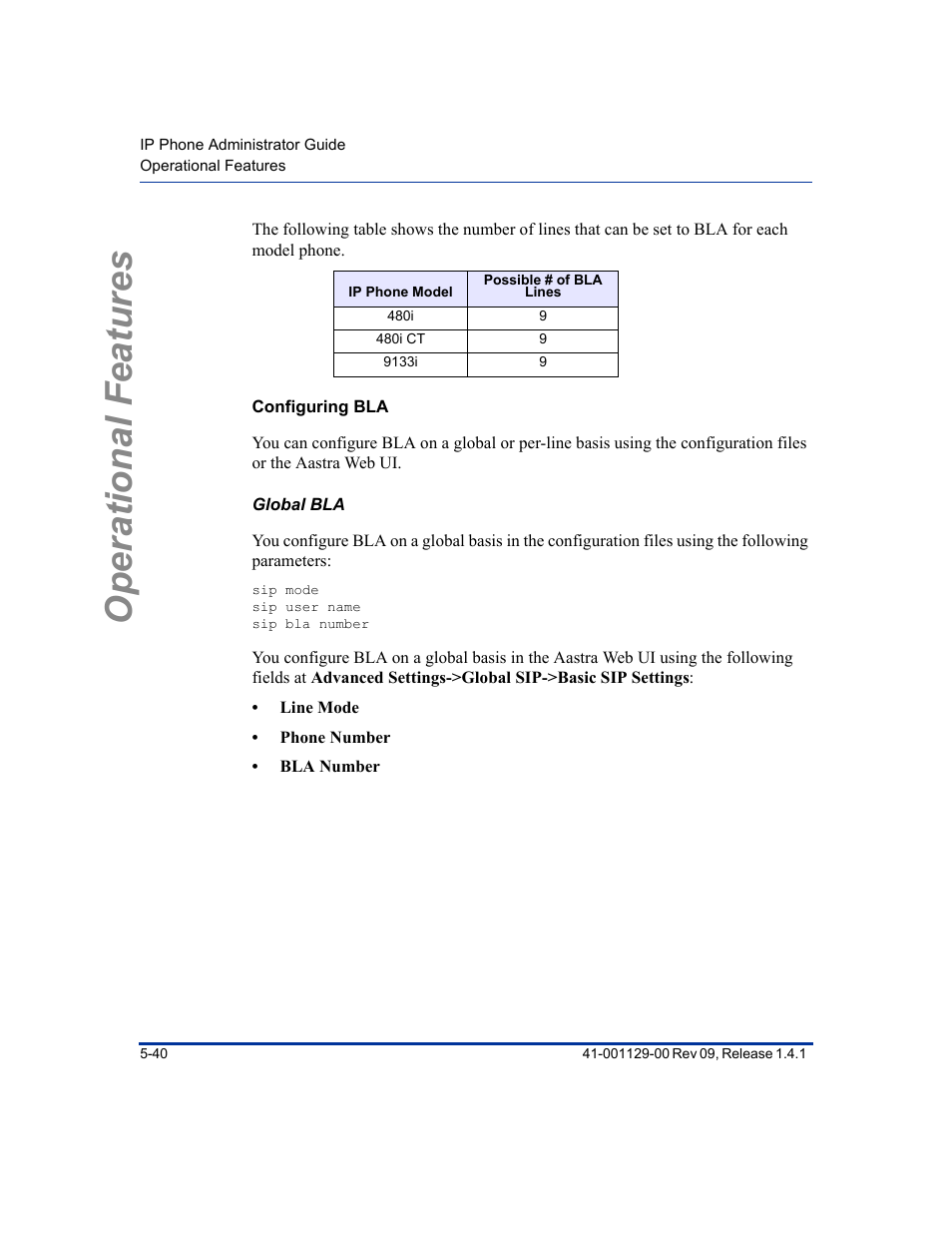 Configuring bla, Global bla, Operational features | Aastra Telecom SIP 480I User Manual | Page 152 / 504