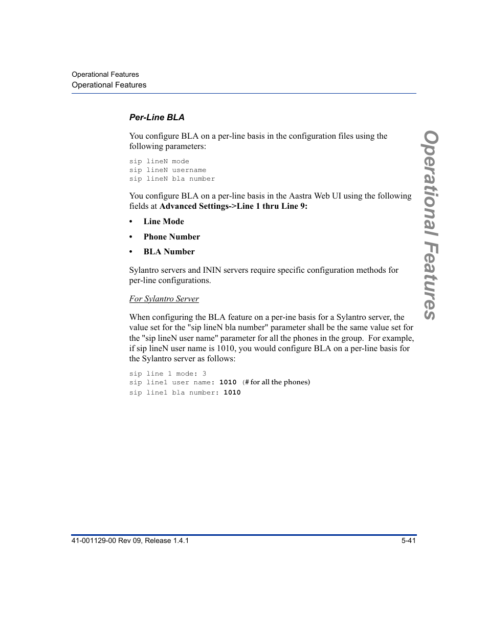 Per-line bla, Operational features | Aastra Telecom SIP 480I User Manual | Page 153 / 504