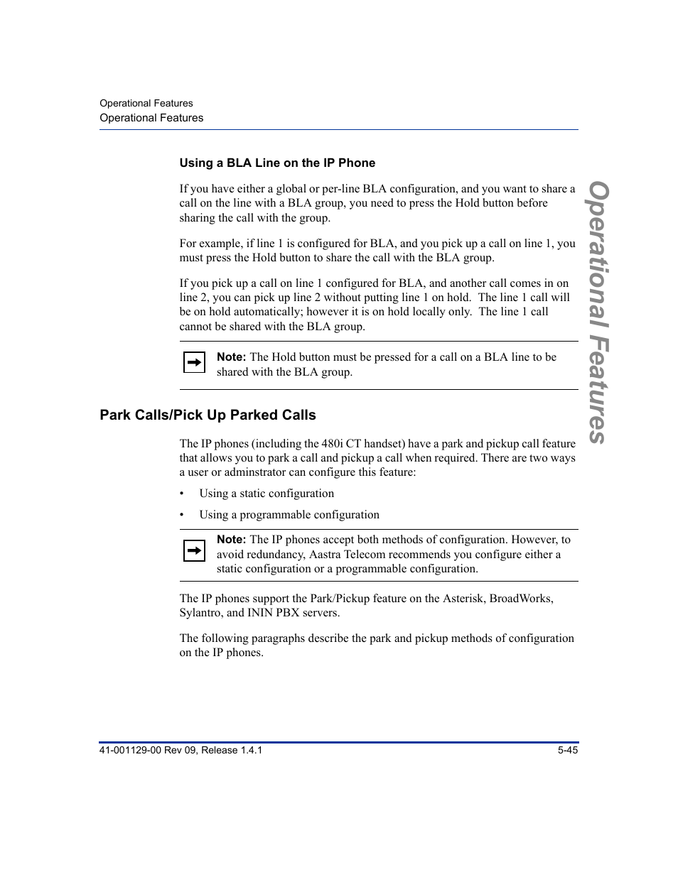 Using a bla line on the ip phone, Park calls/pick up parked calls, Park calls/pick up parked calls -45 | Park calls/pick up, Parked calls, Tion, Park calls/pick, Up parked calls, Operational features | Aastra Telecom SIP 480I User Manual | Page 157 / 504