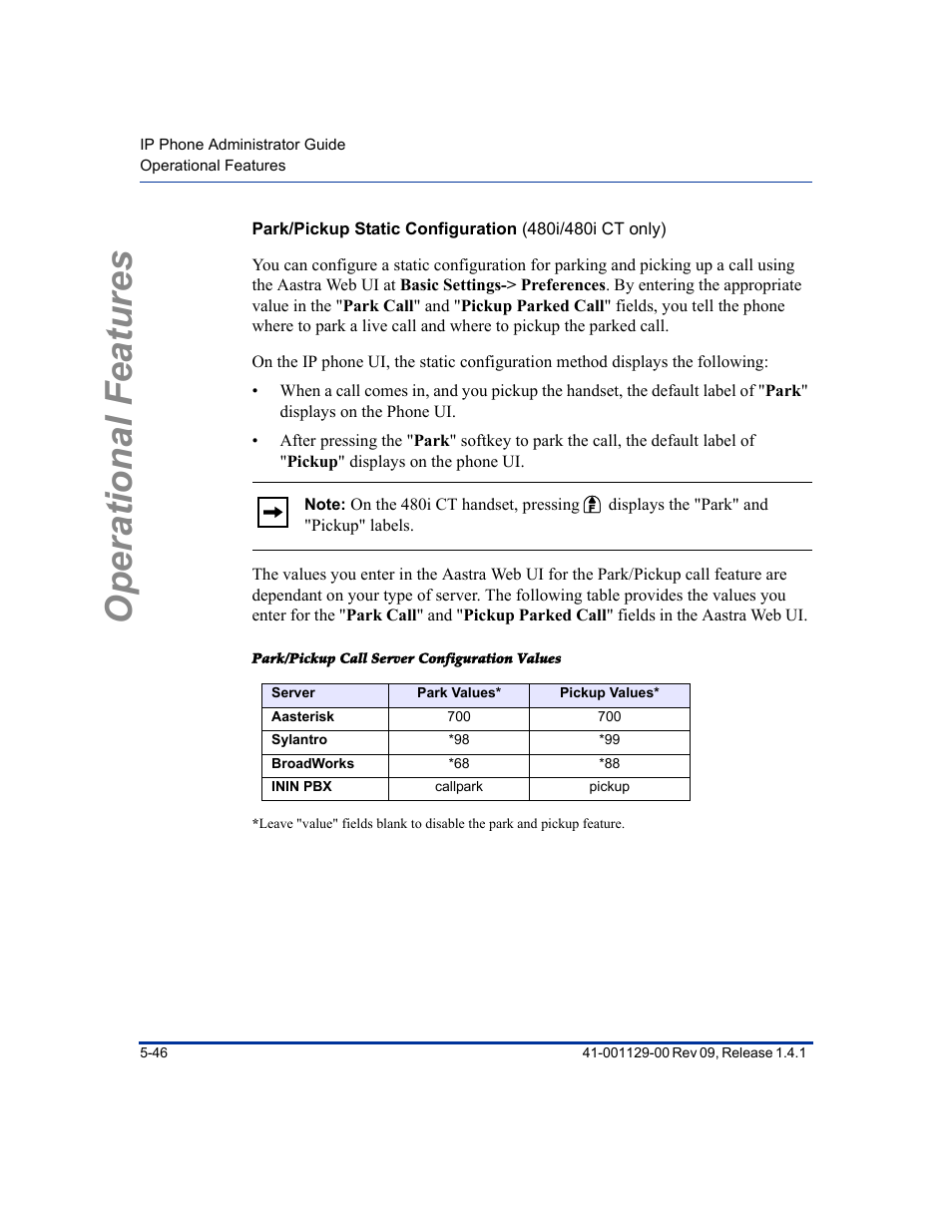 Park/pickup call server configuration values, Operational features | Aastra Telecom SIP 480I User Manual | Page 158 / 504