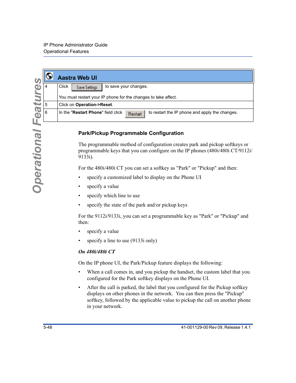 Park/pickup programmable configuration, Operational features | Aastra Telecom SIP 480I User Manual | Page 160 / 504