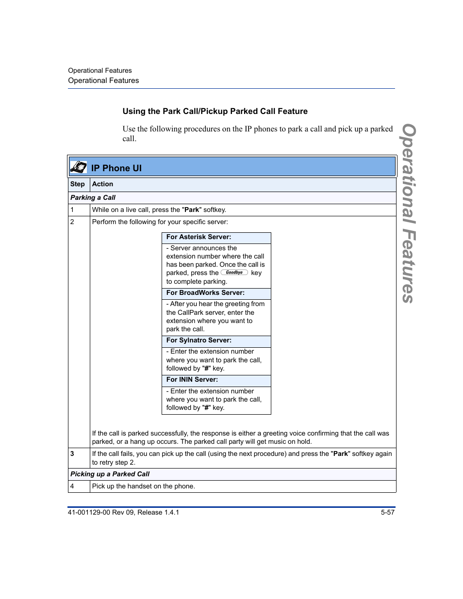 Using the park call/pickup parked call feature, Operational features | Aastra Telecom SIP 480I User Manual | Page 169 / 504