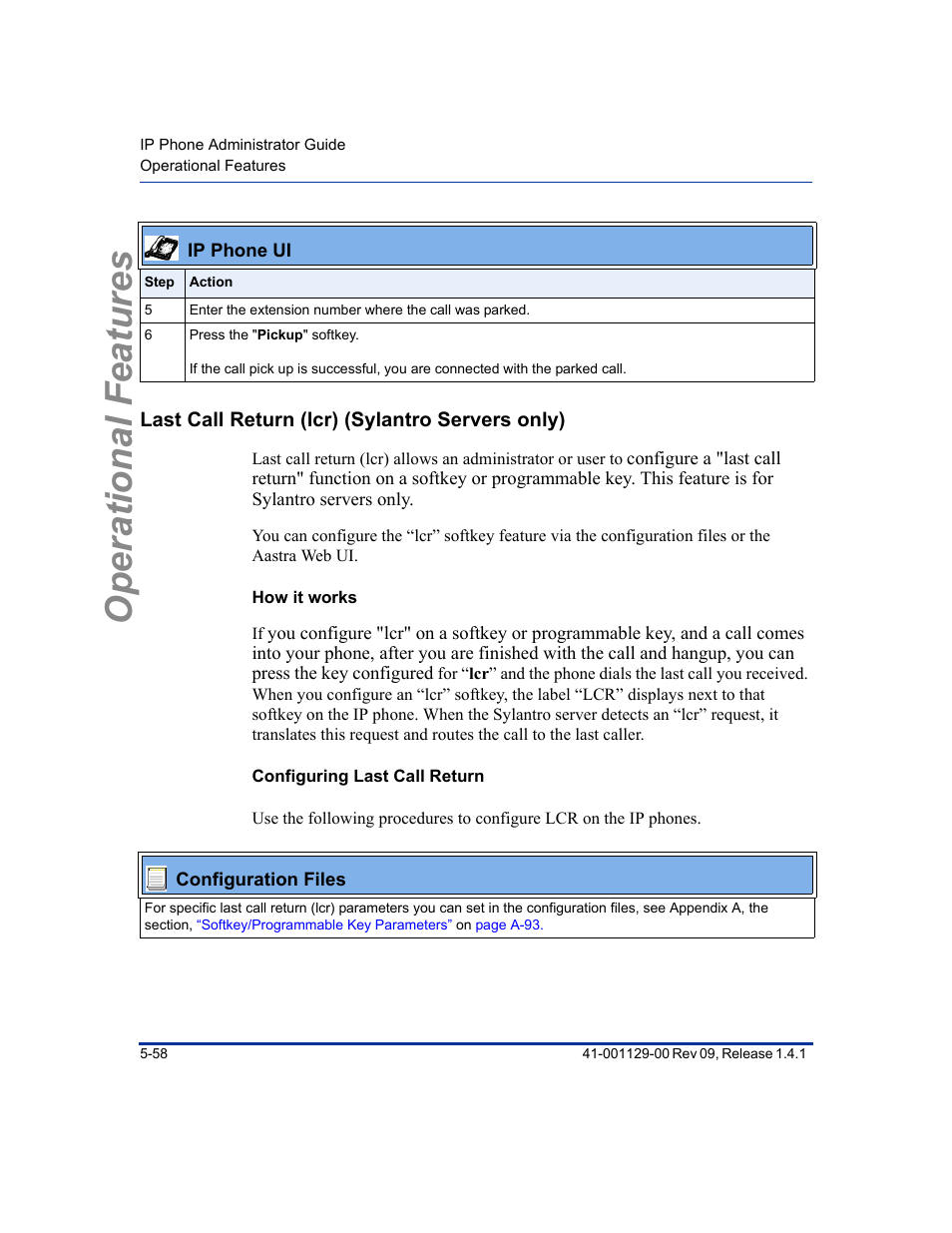 Last call return (lcr) (sylantro servers only), How it works, Configuring last call return | Last call return (lcr) (sylantro servers only) -58, Last call return (lcr) (sylantro, Servers only), Operational features | Aastra Telecom SIP 480I User Manual | Page 170 / 504