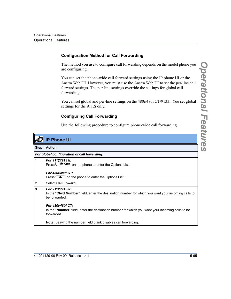 Configuration method for call forwarding, Configuring call forwarding, Operational features | Aastra Telecom SIP 480I User Manual | Page 177 / 504
