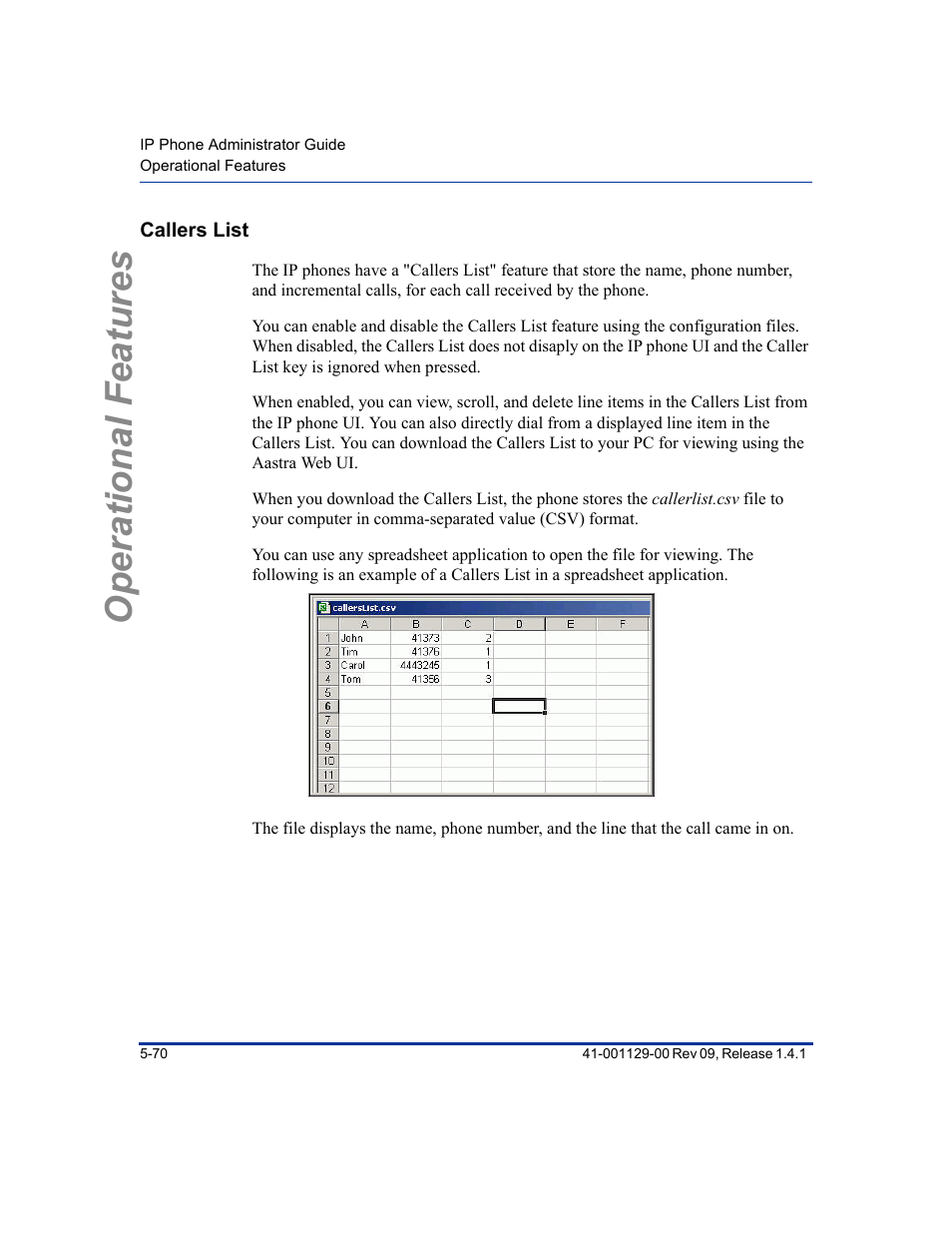 Callers list, Callers list -70, Operational features | Aastra Telecom SIP 480I User Manual | Page 182 / 504