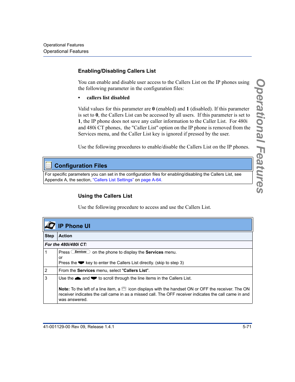Enabling/disabling callers list, Using the callers list, Operational features | Aastra Telecom SIP 480I User Manual | Page 183 / 504