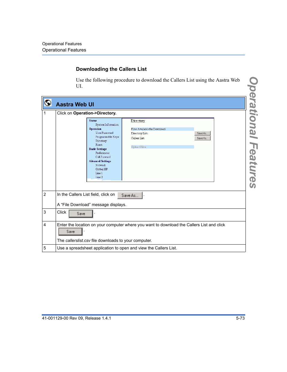 Downloading the callers list, Operational features | Aastra Telecom SIP 480I User Manual | Page 185 / 504