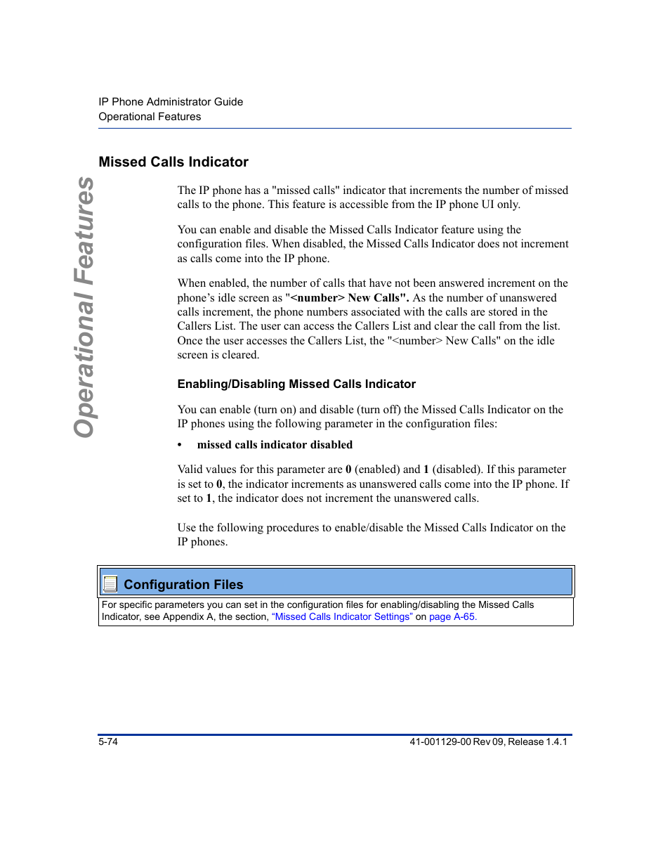 Missed calls indicator, Enabling/disabling missed calls indicator, Missed calls indicator -74 | Operational features | Aastra Telecom SIP 480I User Manual | Page 186 / 504