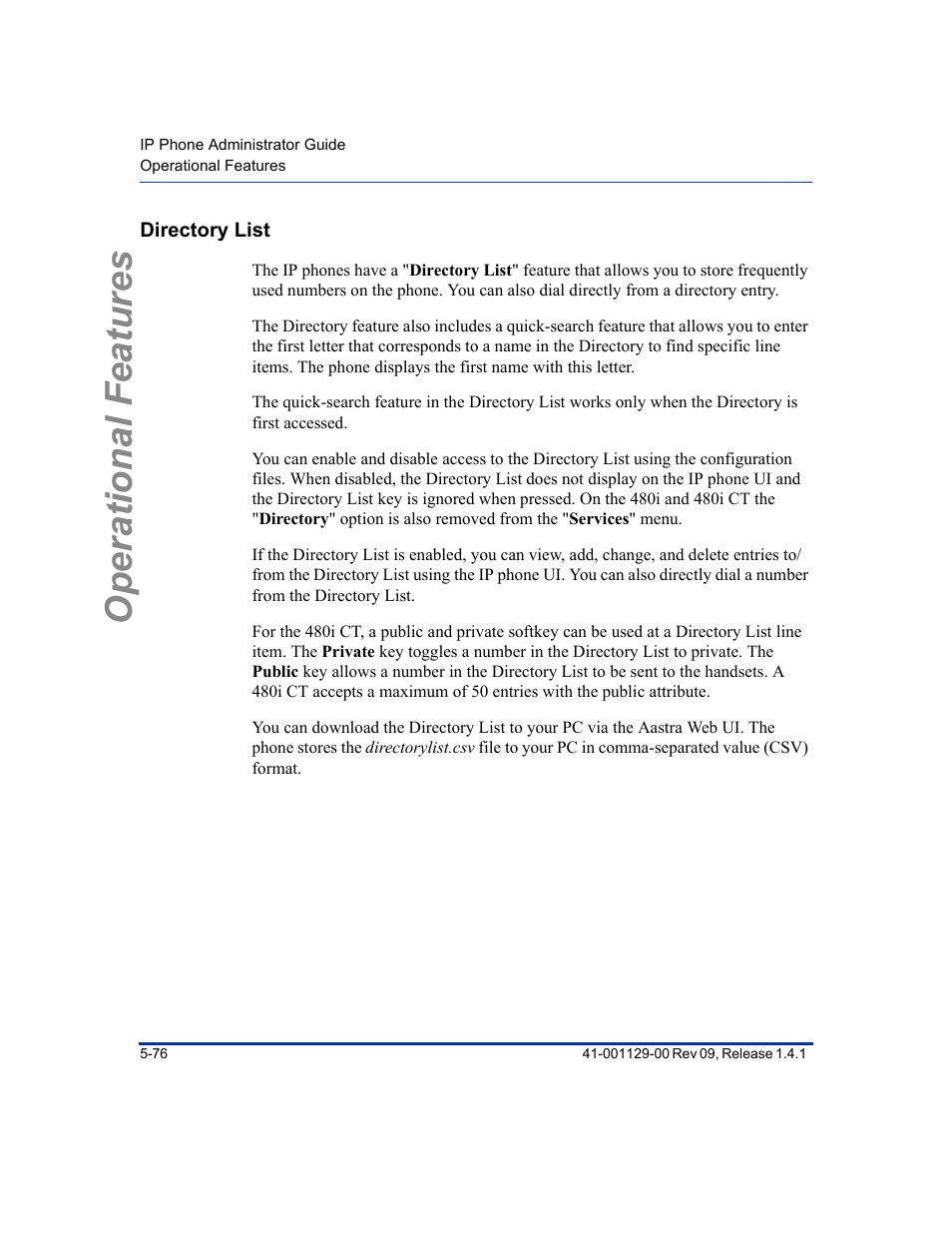 Directory list, Directory list -76, Operational features | Aastra Telecom SIP 480I User Manual | Page 188 / 504