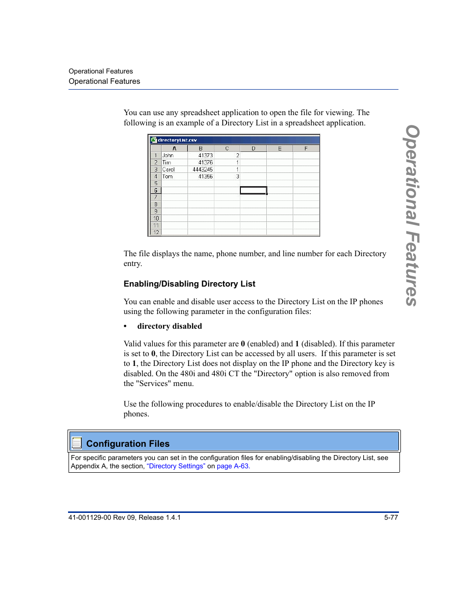 Enabling/disabling directory list, Operational features | Aastra Telecom SIP 480I User Manual | Page 189 / 504