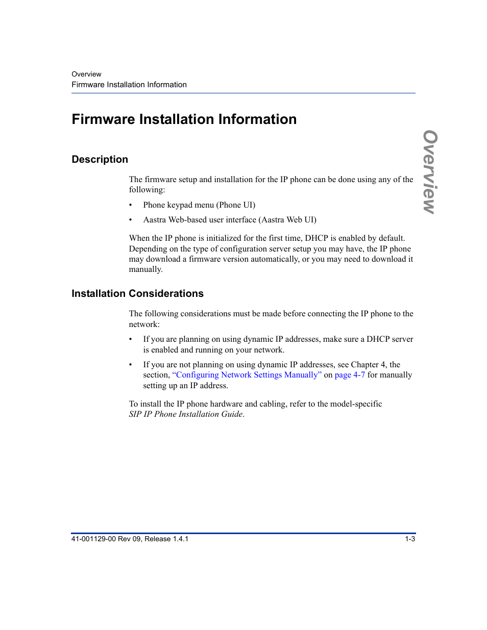 Firmware installation information, Description, Installation considerations | Firmware installation information -3, Description -3, Installation considerations -3, Overview | Aastra Telecom SIP 480I User Manual | Page 19 / 504