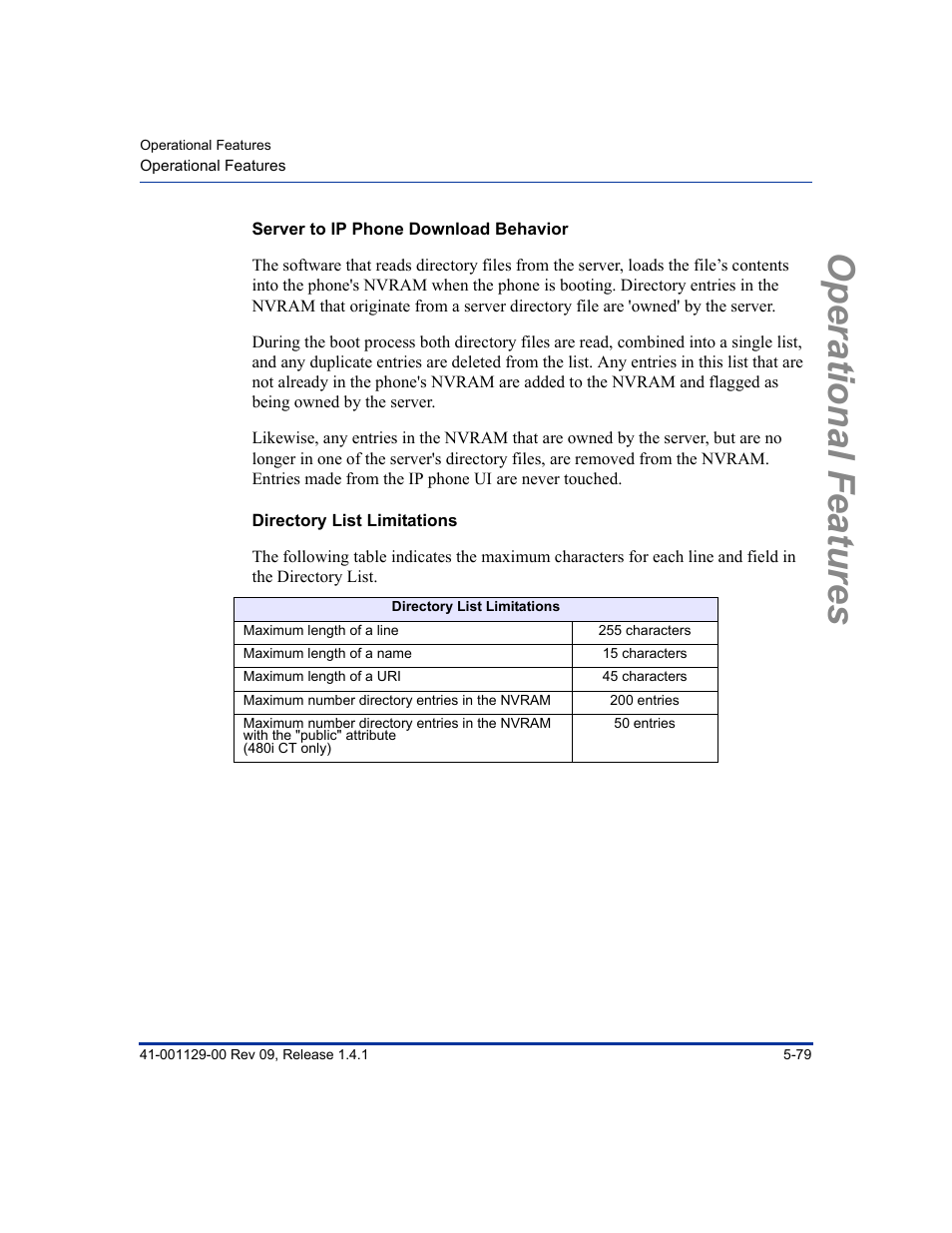 Server to ip phone download behavior, Directory list limitations, Operational features | Aastra Telecom SIP 480I User Manual | Page 191 / 504