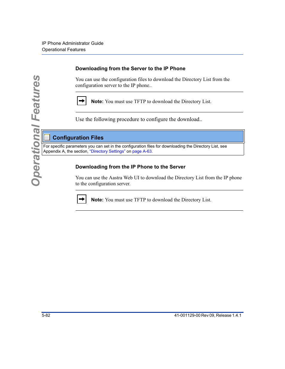 Downloading from the server to the ip phone, Downloading from the ip phone to the server, Operational features | Aastra Telecom SIP 480I User Manual | Page 194 / 504