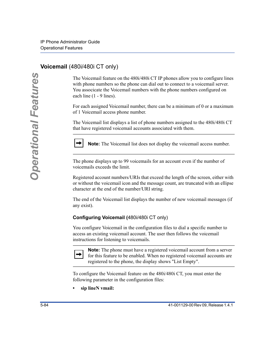 Voicemail (480i/480i ct only), Configuring voicemail (480i/480i ct only), Voicemail (480i/480i ct only) -84 | Tion, Operational features | Aastra Telecom SIP 480I User Manual | Page 196 / 504