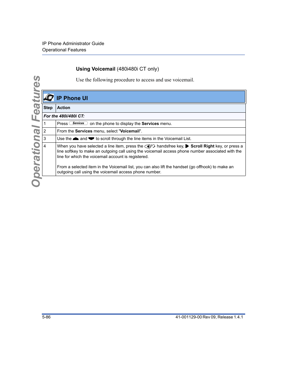 Using voicemail (480i480i ct only), Operational features | Aastra Telecom SIP 480I User Manual | Page 198 / 504