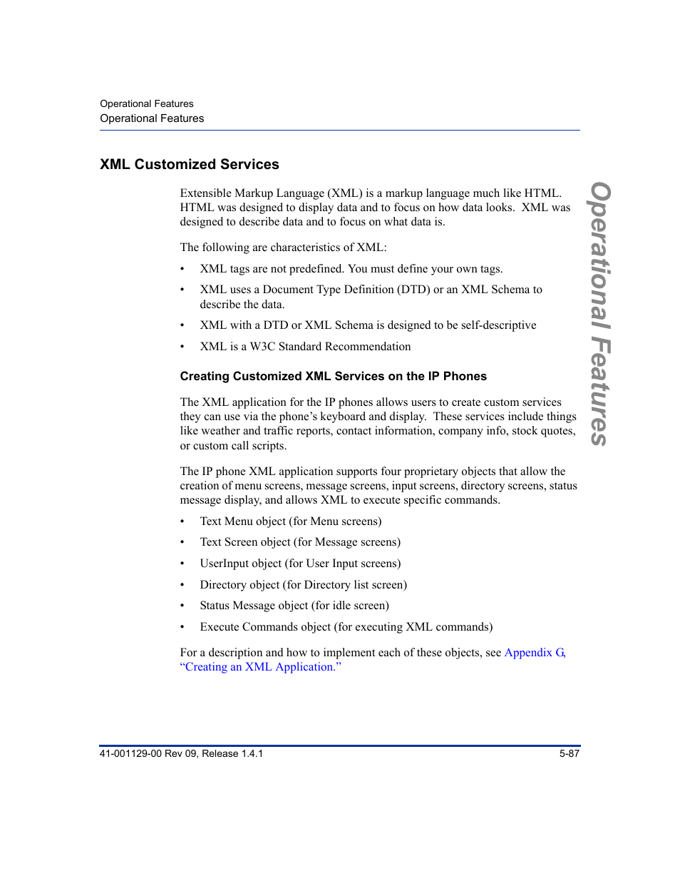 Xml customized services, Creating customized xml services on the ip phones, Xml customized services -87 | Operational features | Aastra Telecom SIP 480I User Manual | Page 199 / 504