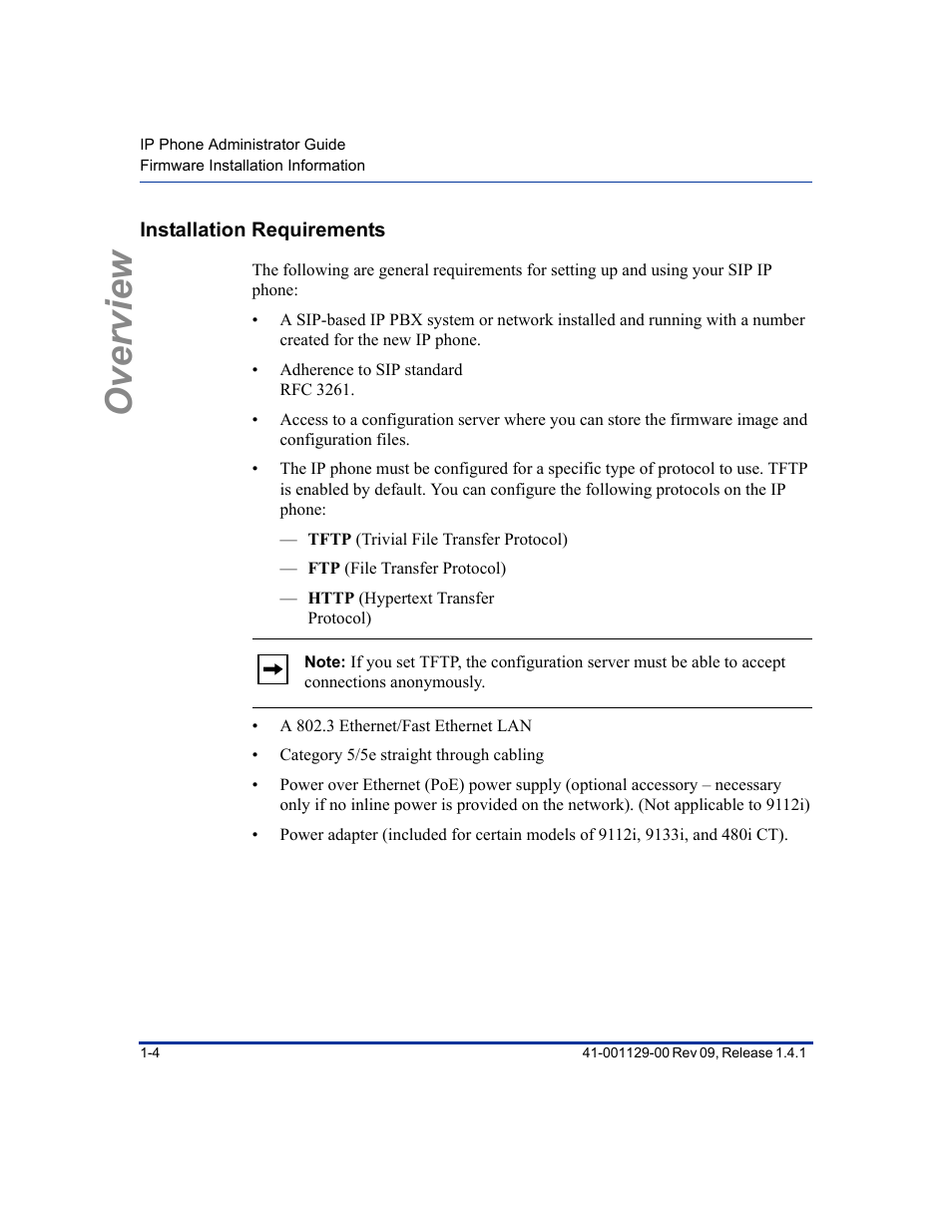 Installation requirements, Installation requirements -4, Overview | Aastra Telecom SIP 480I User Manual | Page 20 / 504