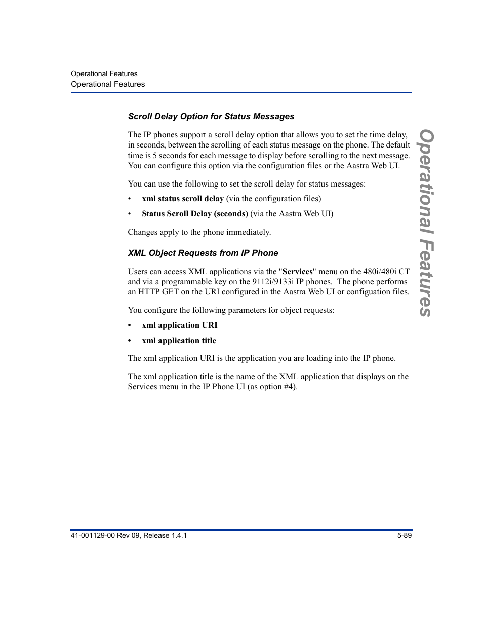 Scroll delay option for status messages, Xml object requests from ip phone, Operational features | Aastra Telecom SIP 480I User Manual | Page 201 / 504