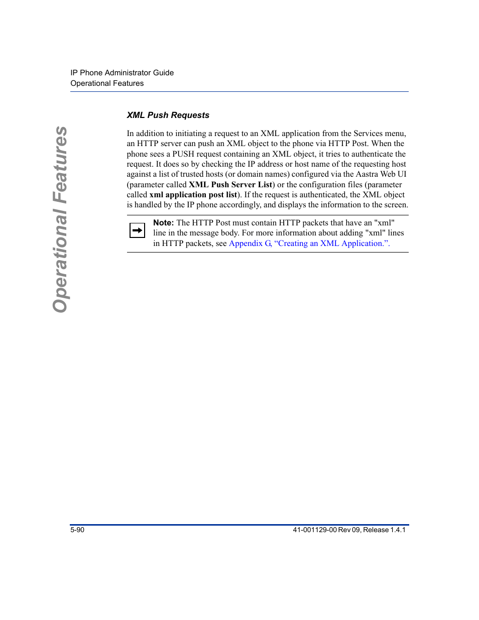 Xml push requests, Operational features | Aastra Telecom SIP 480I User Manual | Page 202 / 504