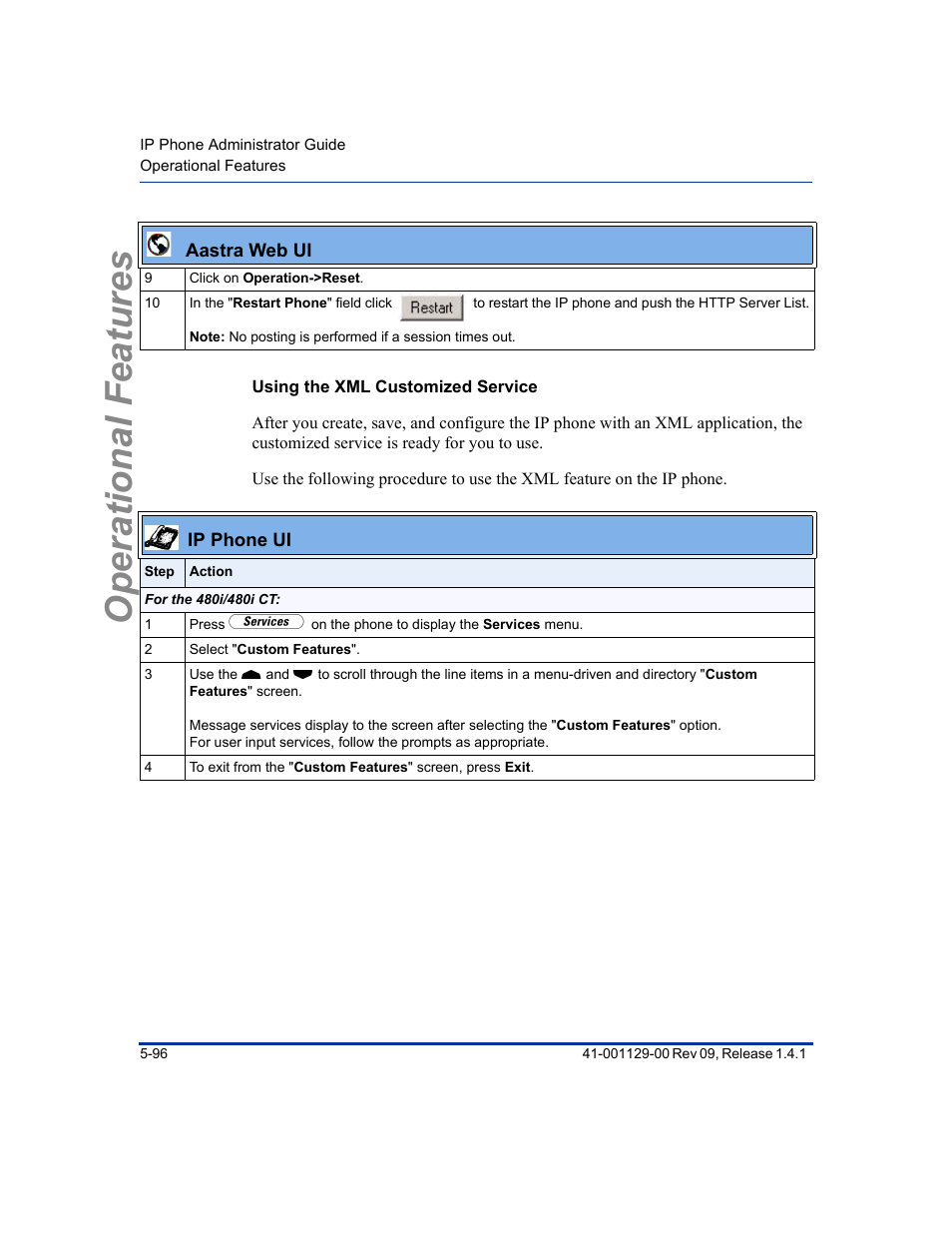 Using the xml customized service, Operational features | Aastra Telecom SIP 480I User Manual | Page 208 / 504