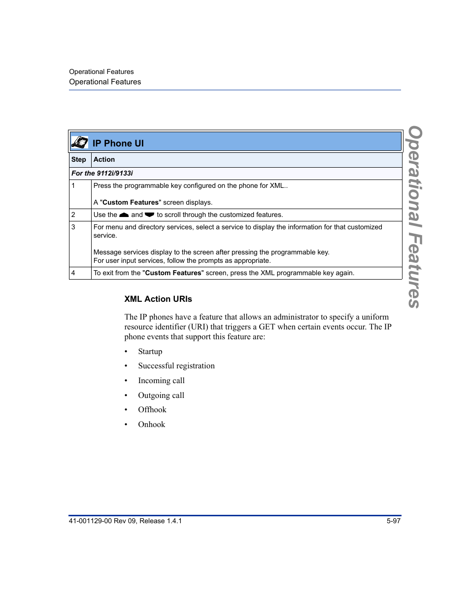 Xml action uris, Operational features | Aastra Telecom SIP 480I User Manual | Page 209 / 504