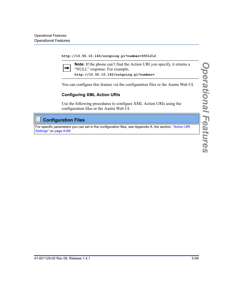 Configuring xml action uris, Operational features | Aastra Telecom SIP 480I User Manual | Page 211 / 504