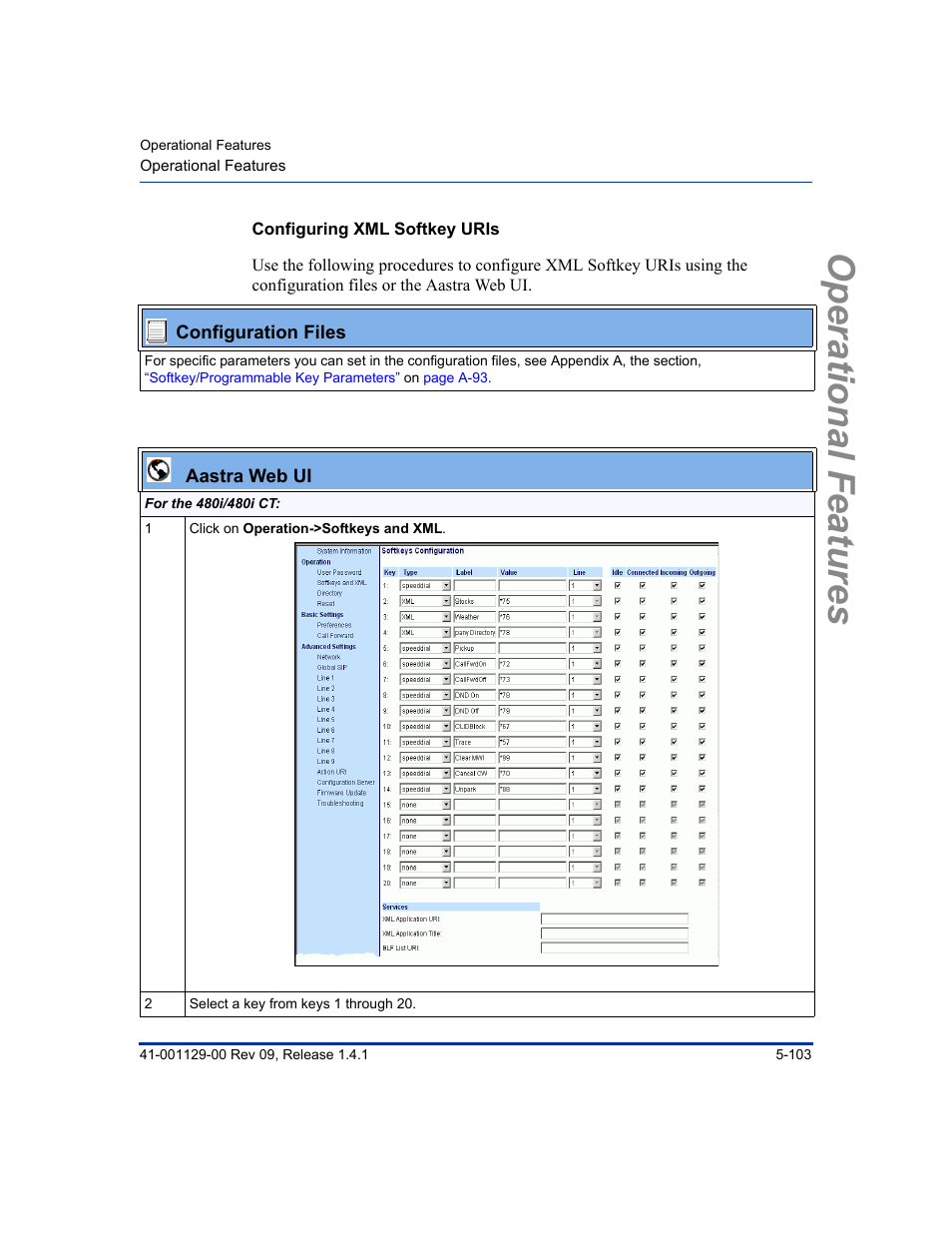 Configuring xml softkey uris, Operational features | Aastra Telecom SIP 480I User Manual | Page 215 / 504