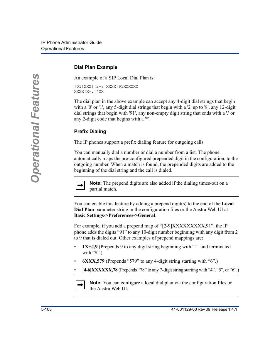 Dial plan example, Prefix dialing, Operational features | Aastra Telecom SIP 480I User Manual | Page 220 / 504