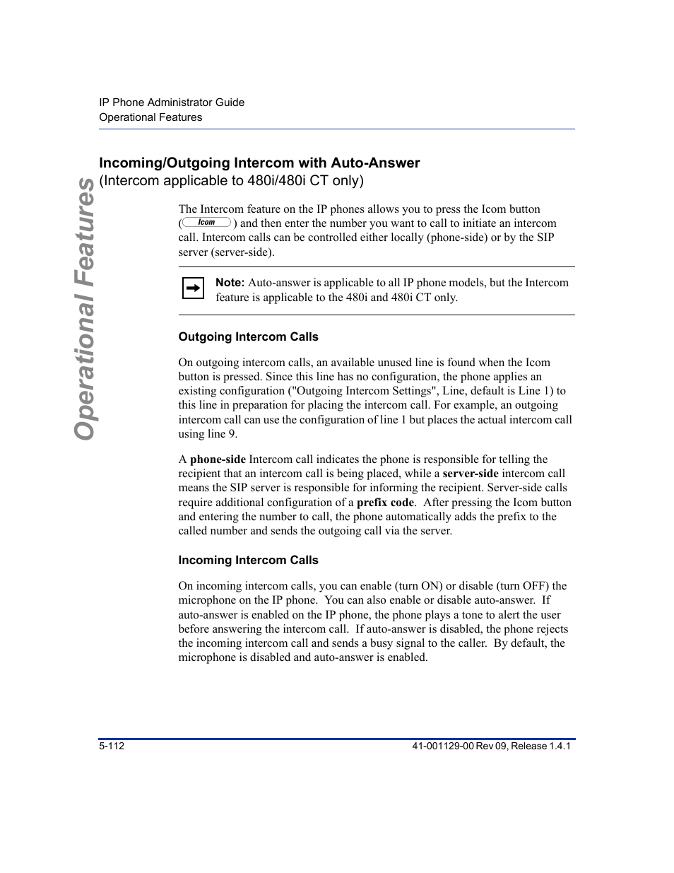 Outgoing intercom calls, Incoming intercom calls, Operational features | Aastra Telecom SIP 480I User Manual | Page 224 / 504