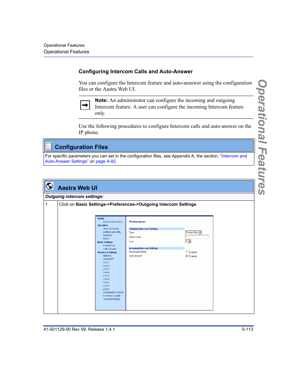 Configuring intercom calls and auto-answer, Operational features | Aastra Telecom SIP 480I User Manual | Page 225 / 504