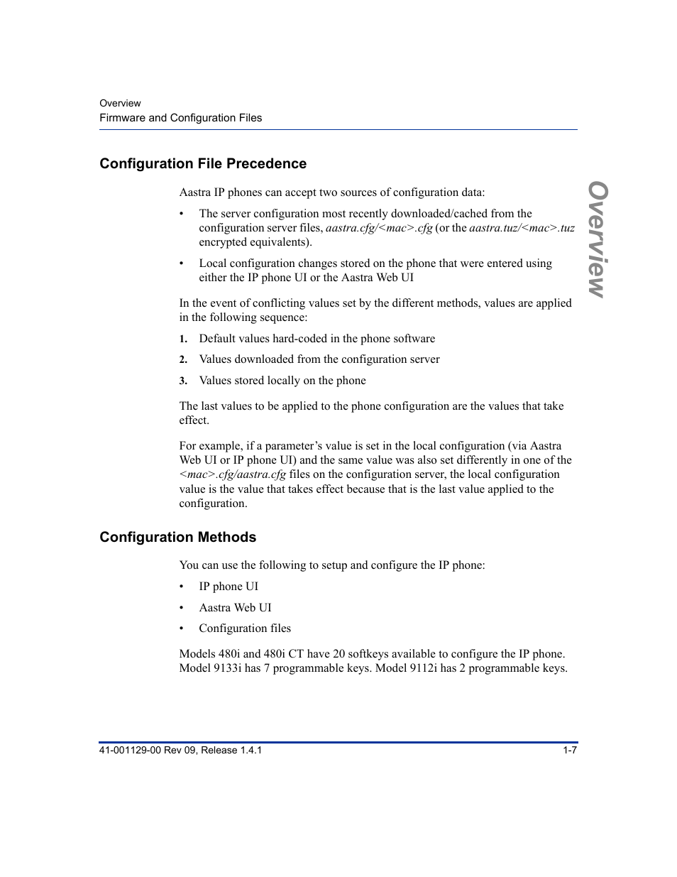 Configuration file precedence, Configuration methods, Configuration file precedence -7 | Configuration methods -7, Overview | Aastra Telecom SIP 480I User Manual | Page 23 / 504