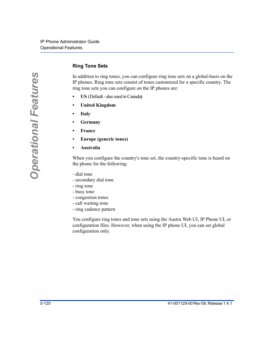 Ring tone sets, Operational features | Aastra Telecom SIP 480I User Manual | Page 232 / 504