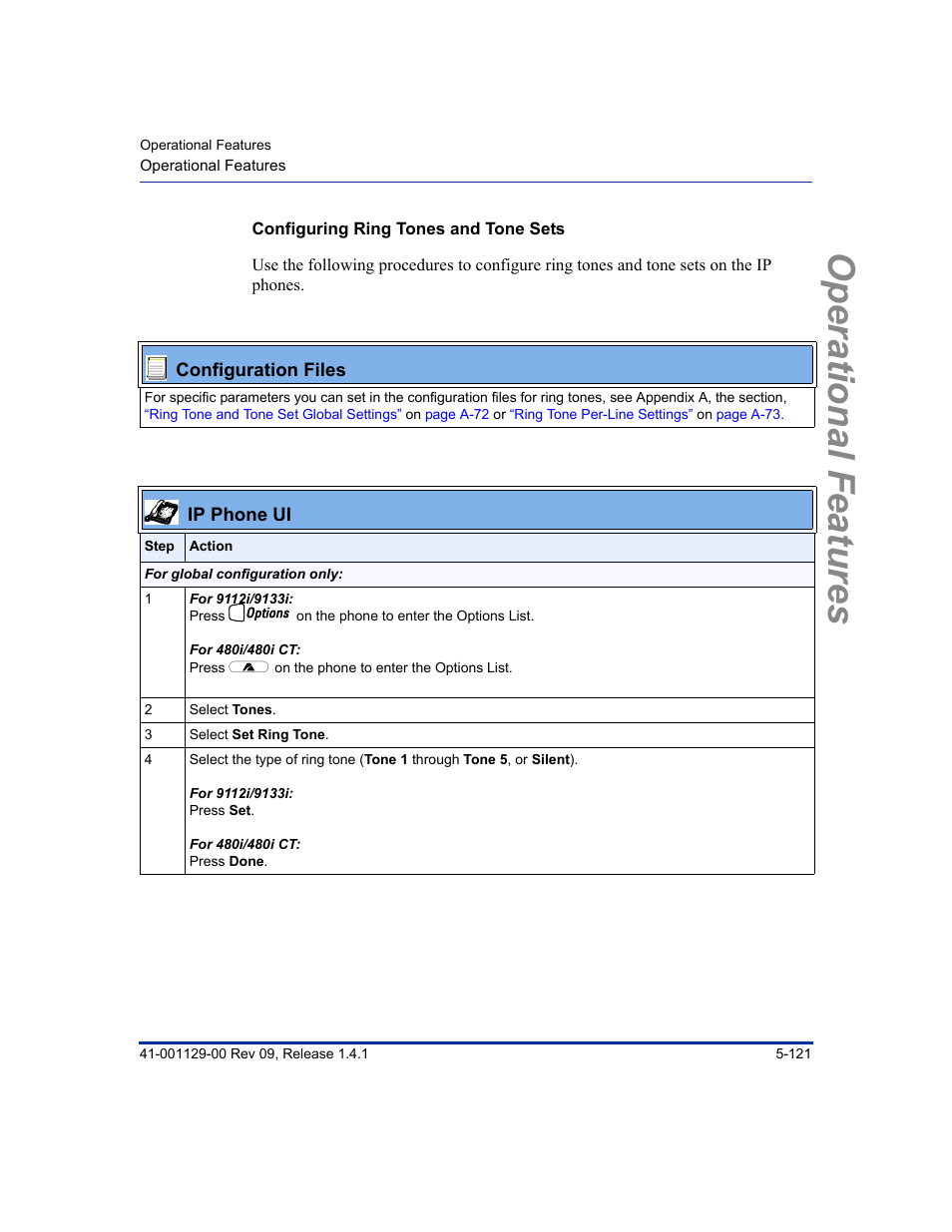 Configuring ring tones and tone sets, Operational features | Aastra Telecom SIP 480I User Manual | Page 233 / 504