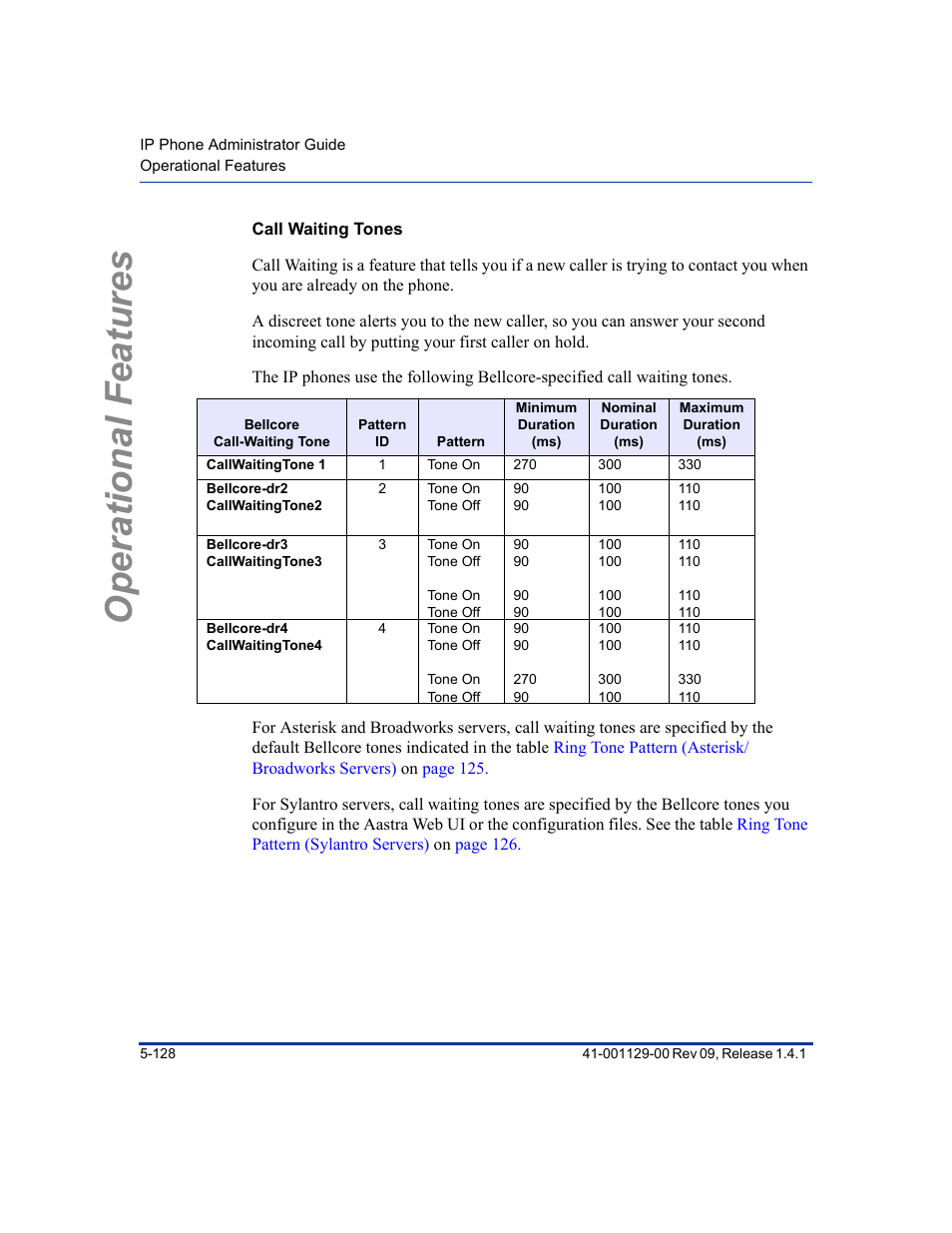 Call waiting tones, Operational features | Aastra Telecom SIP 480I User Manual | Page 240 / 504