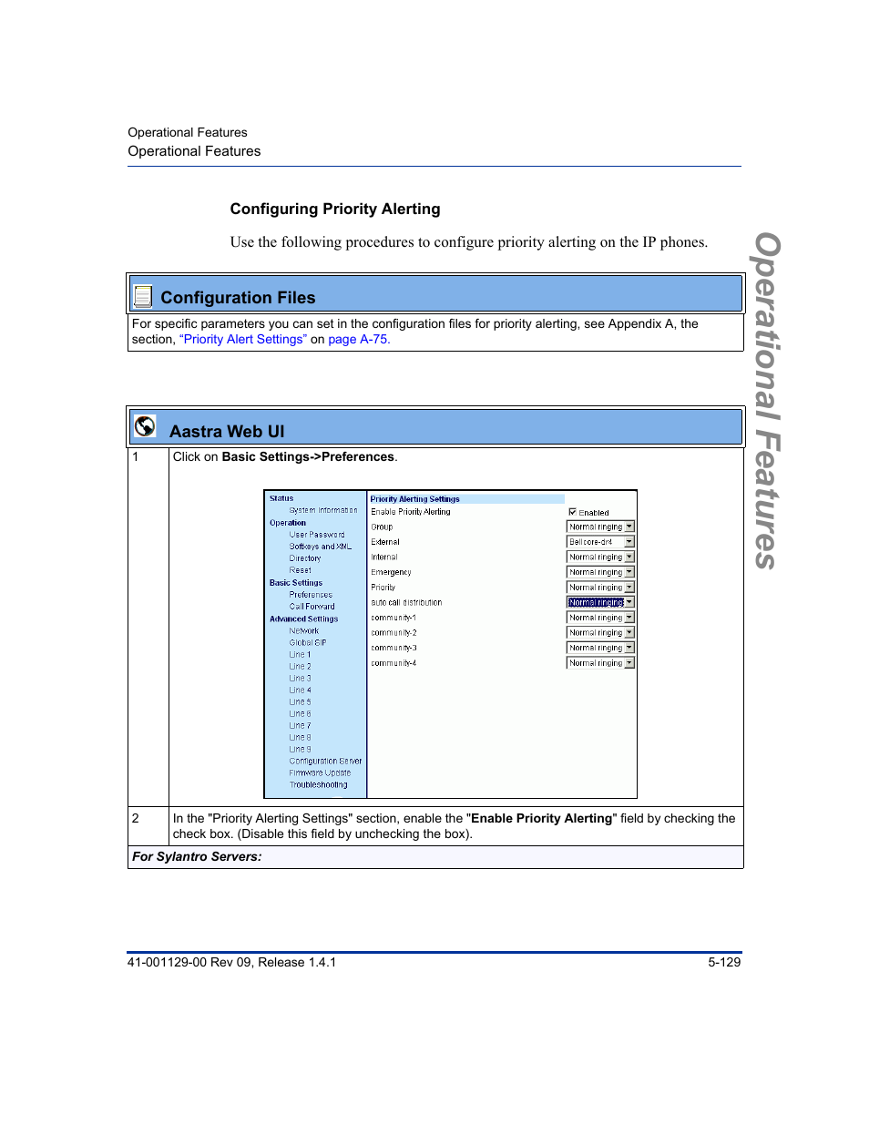 Configuring priority alerting, Operational features | Aastra Telecom SIP 480I User Manual | Page 241 / 504