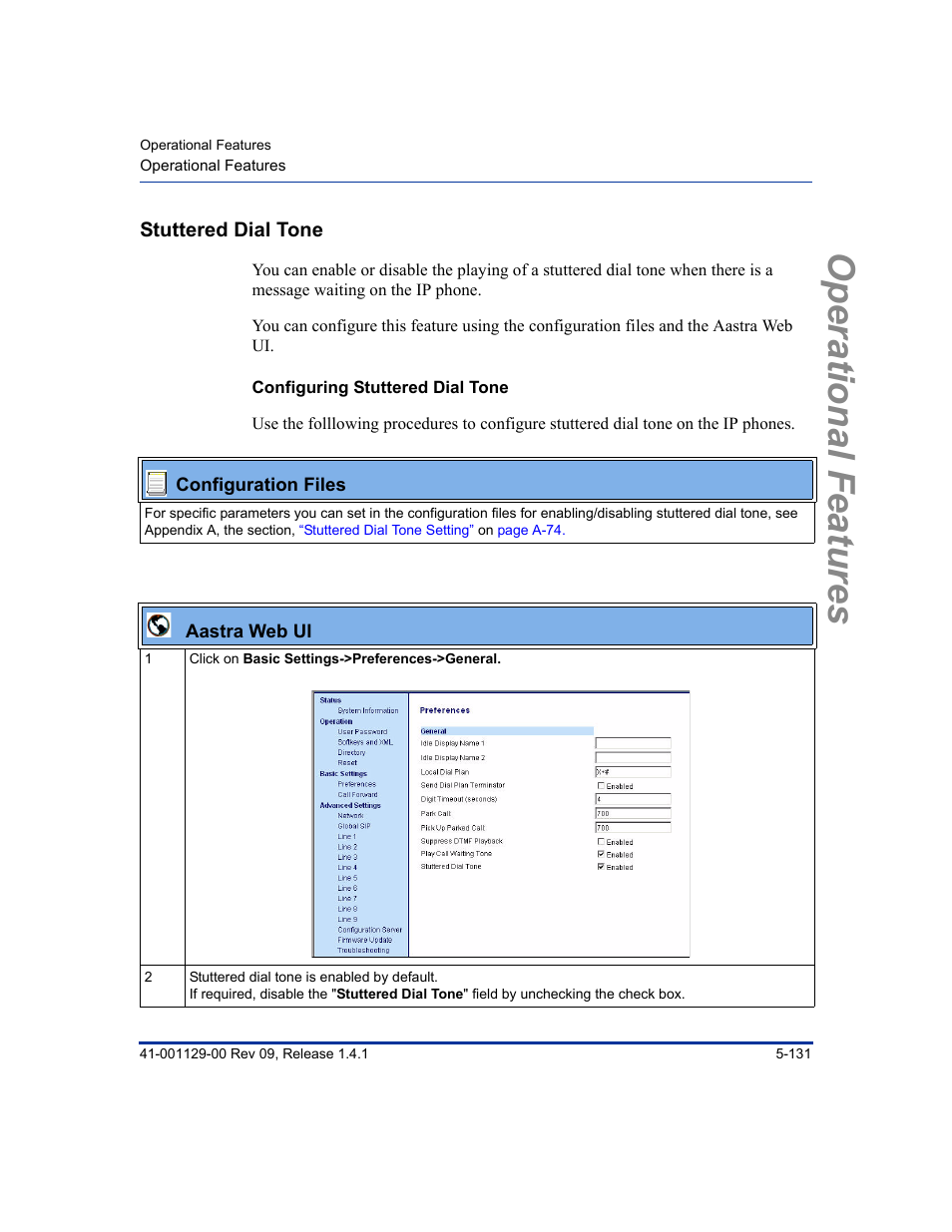 Stuttered dial tone, Configuring stuttered dial tone, Stuttered dial tone -131 | Operational features | Aastra Telecom SIP 480I User Manual | Page 243 / 504