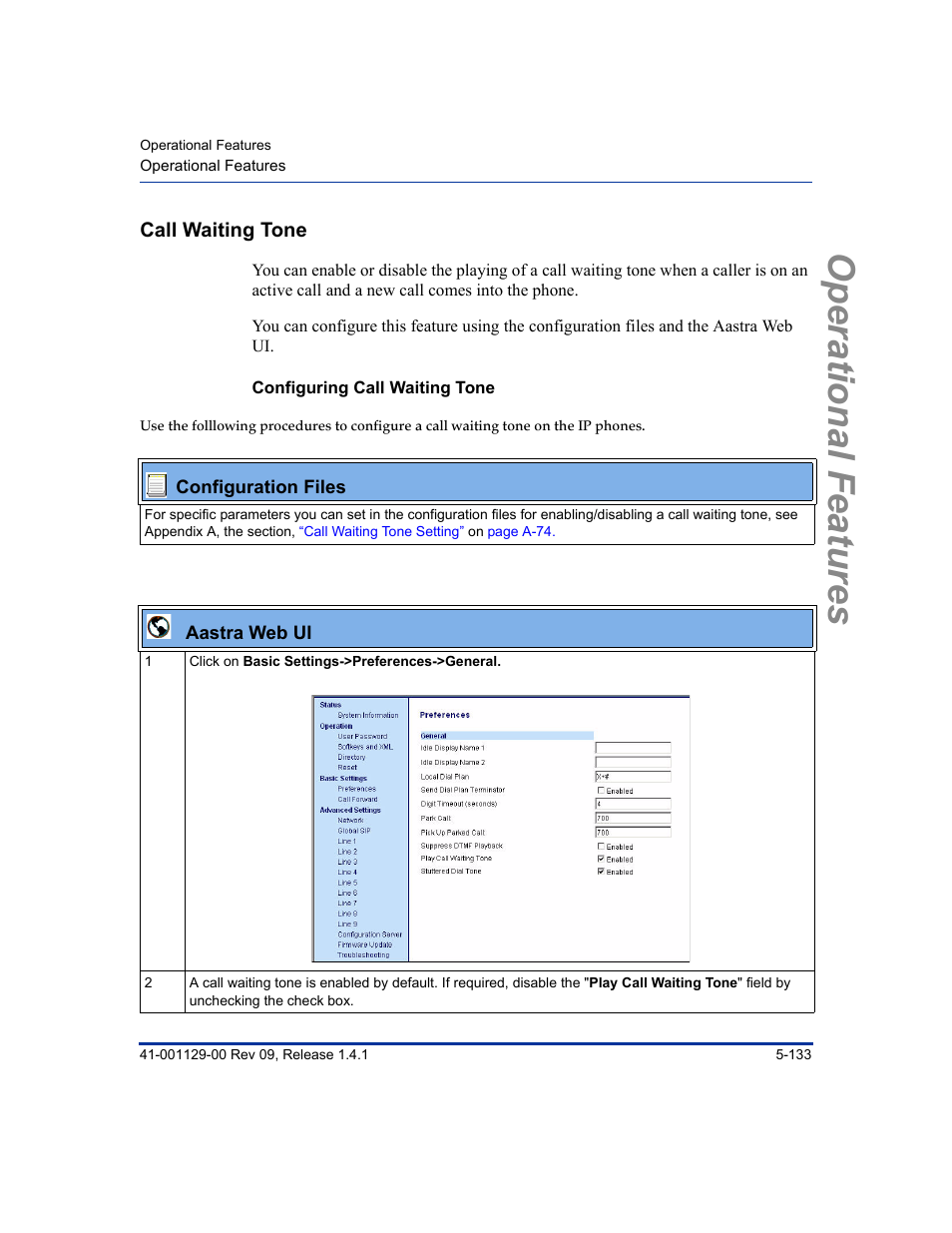 Call waiting tone, Configuring call waiting tone, Call waiting tone -133 | Operational features | Aastra Telecom SIP 480I User Manual | Page 245 / 504