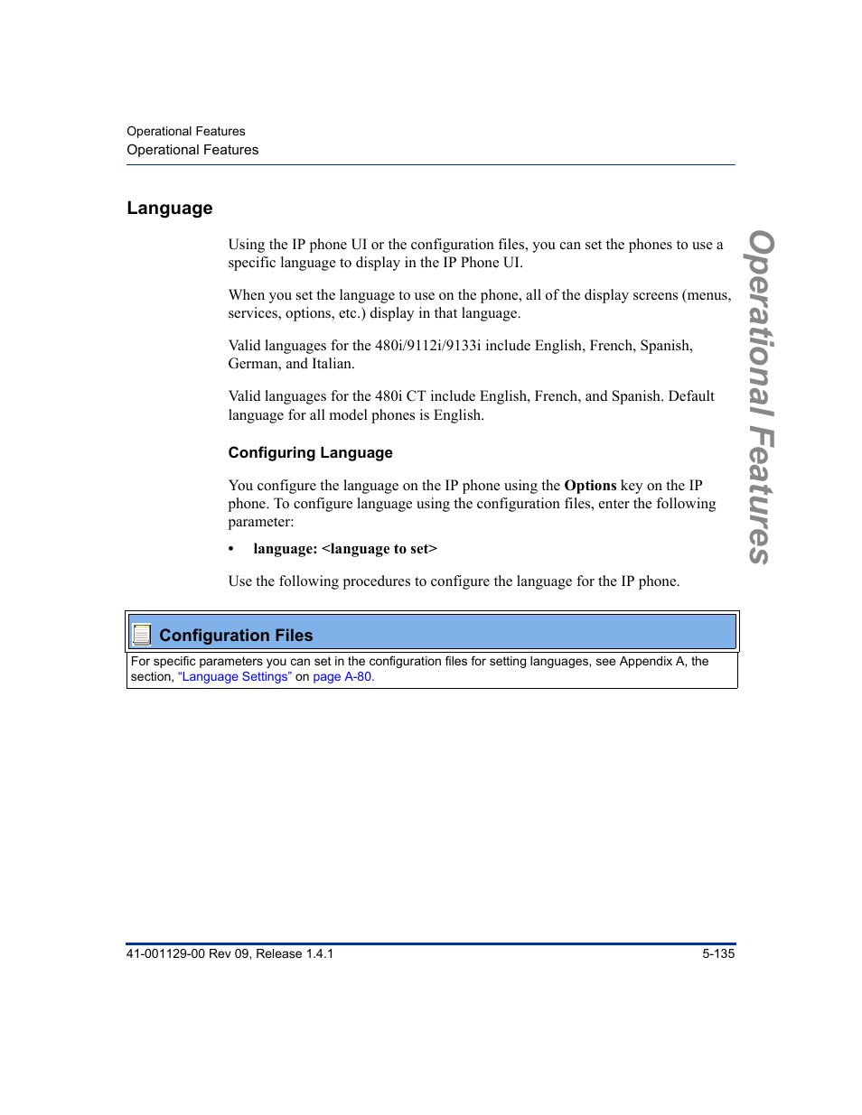 Language, Configuring language, Language -135 | Operational features | Aastra Telecom SIP 480I User Manual | Page 247 / 504