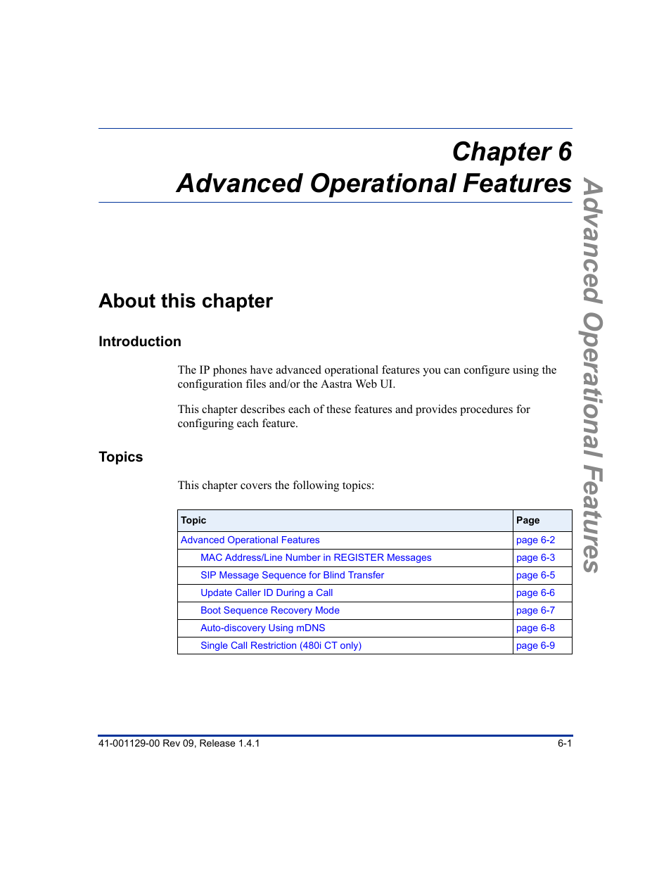 Chapter 6 advanced operational features, About this chapter, About this chapter -1 | Chapter 6, Ge (see | Aastra Telecom SIP 480I User Manual | Page 249 / 504